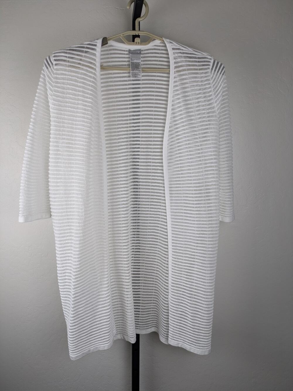 Chico's 1 US Medium ivory Sheer Striped Cardigan Jacket Topper 3/4 sleeve